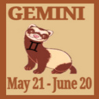 A cartoon illustration of a ferret with a joyful expression, featuring the Gemini zodiac symbol on its chest. The text 'GEMINI' is displayed prominently above, while the dates 'May 21 - June 20' are below.