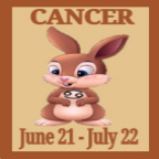 A cartoon illustration of a cute brown rabbit with big eyes, holding the Cancer zodiac symbol on its chest. The text 'CANCER' is prominently displayed above, and 'June 21 - July 22' is shown below.