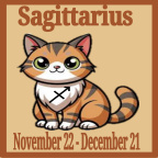 A cartoon illustration of an orange tabby kitten with bright green eyes, featuring the Sagittarius zodiac symbol on its collar. The text 'Sagittarius' is prominently displayed above, along with the dates 'November 22 - December 21' below.