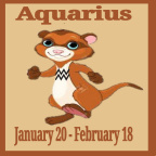 A cartoon illustration of a cheerful brown ferret with a bright smile, showcasing the Aquarius zodiac symbol on its chest. The text 'Aquarius' is displayed prominently above, along with the dates 'January 20 - February 18' below