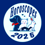 "A circular design with a navy blue background features a dog, cat, and rabbit in a row, all looking forward. The word 'Horoscopes' is written in large letters at the top, and '2025' is displayed prominently at the bottom."